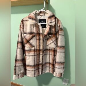 Hollister Plush Plaid Shacket in Cream, Rust & Gray